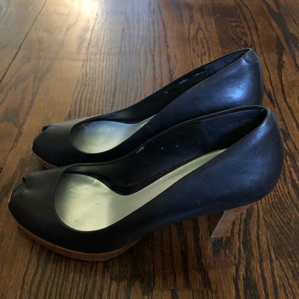 Black Leather Peep Toe Heels